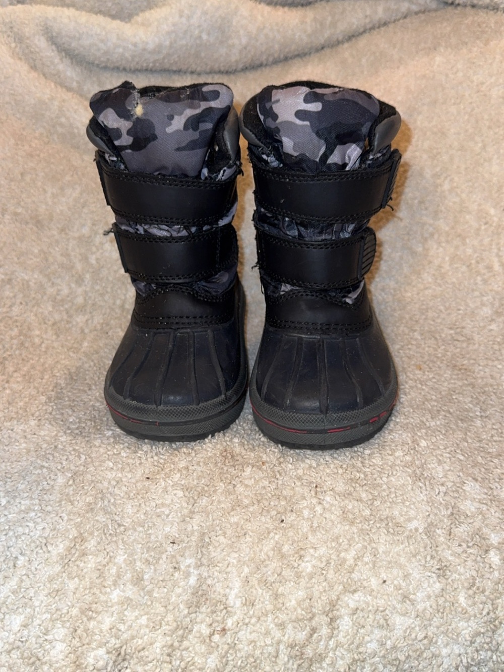 Kids Black Snow Boots with Gray Camo Trim - Easy Hook & Loop Closure